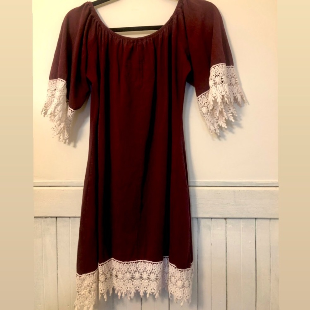 Burgundy boho dress with lace trim and bell sleeve